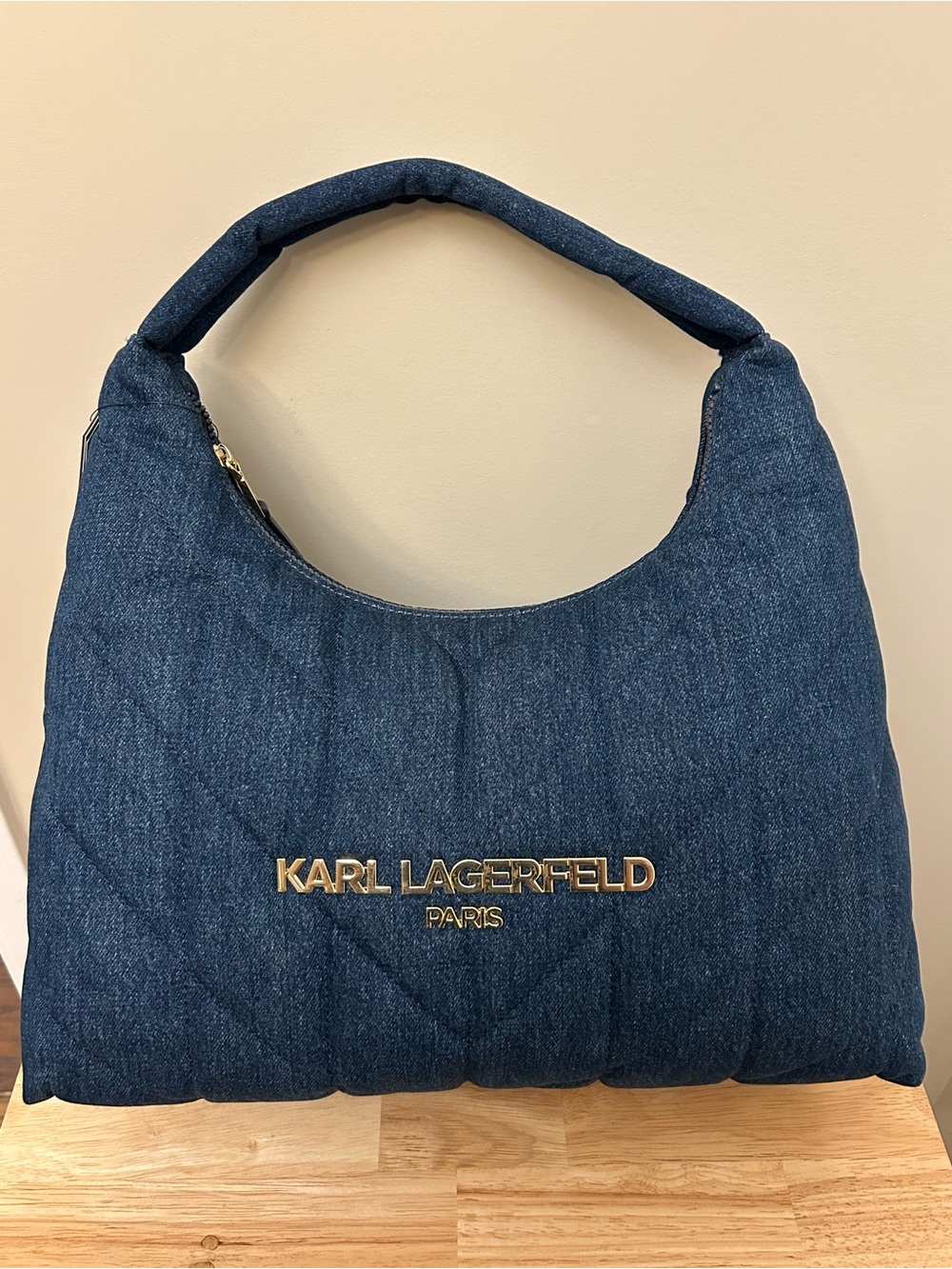 Karl Lagerfeld Quilted Dark Blue Denim Shoulder Bag with Gold Logo - Picture 12 of 16